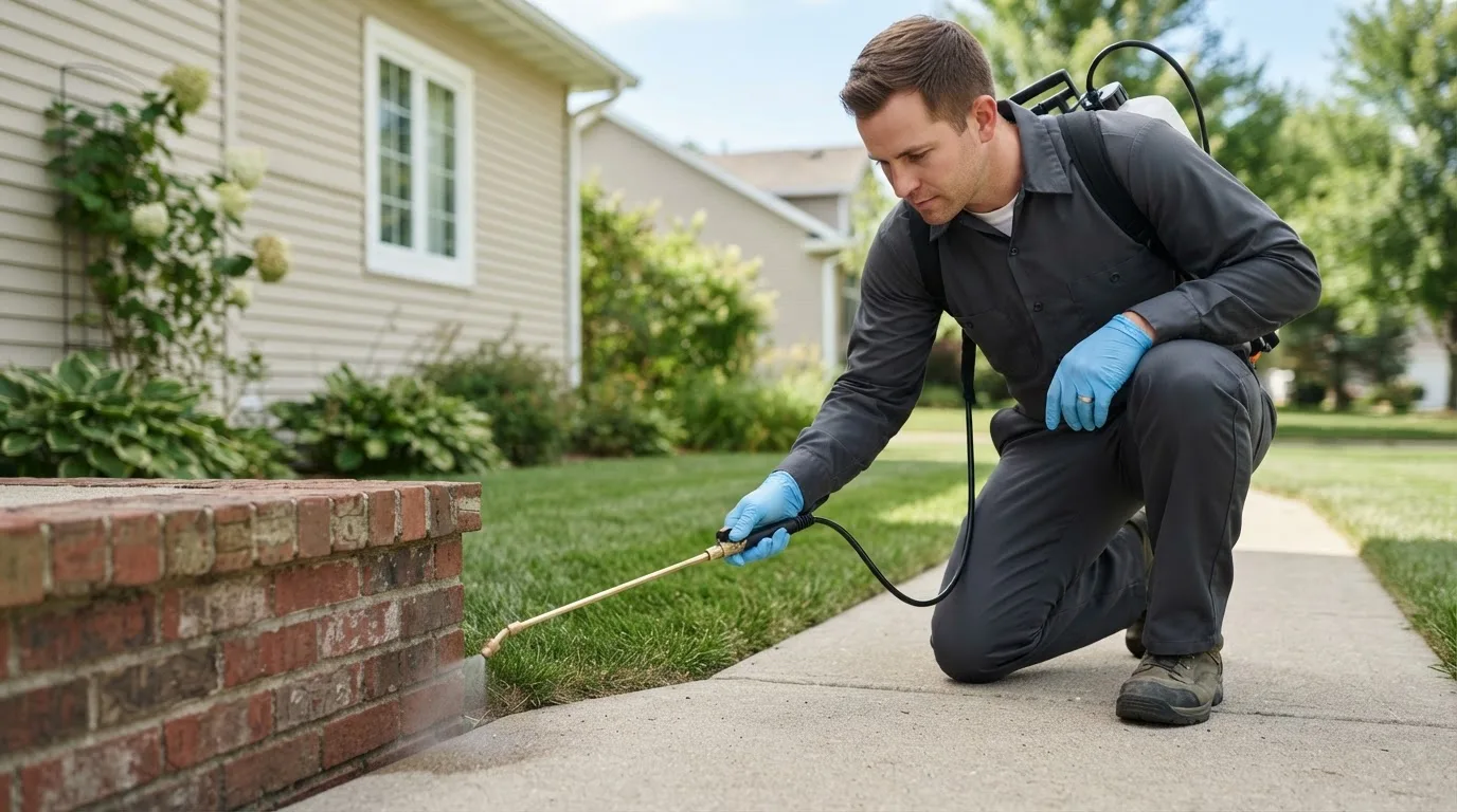 Pest control technician treating a home near Elnora, IN