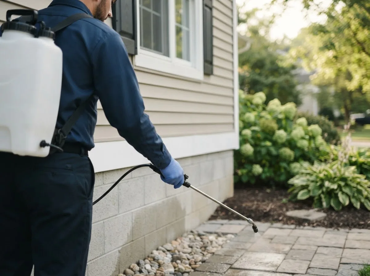 Pest control technician inspecting a home in Elnora, IN